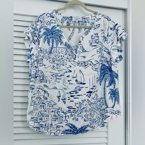 Calypso St. Barth White & Blue Scenic V-Neck Top